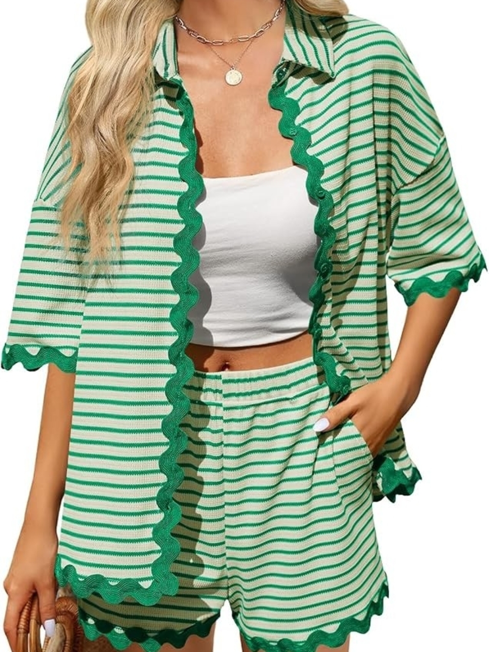 Green Scallop-Trim Loungewear Set | RESORTWEAR